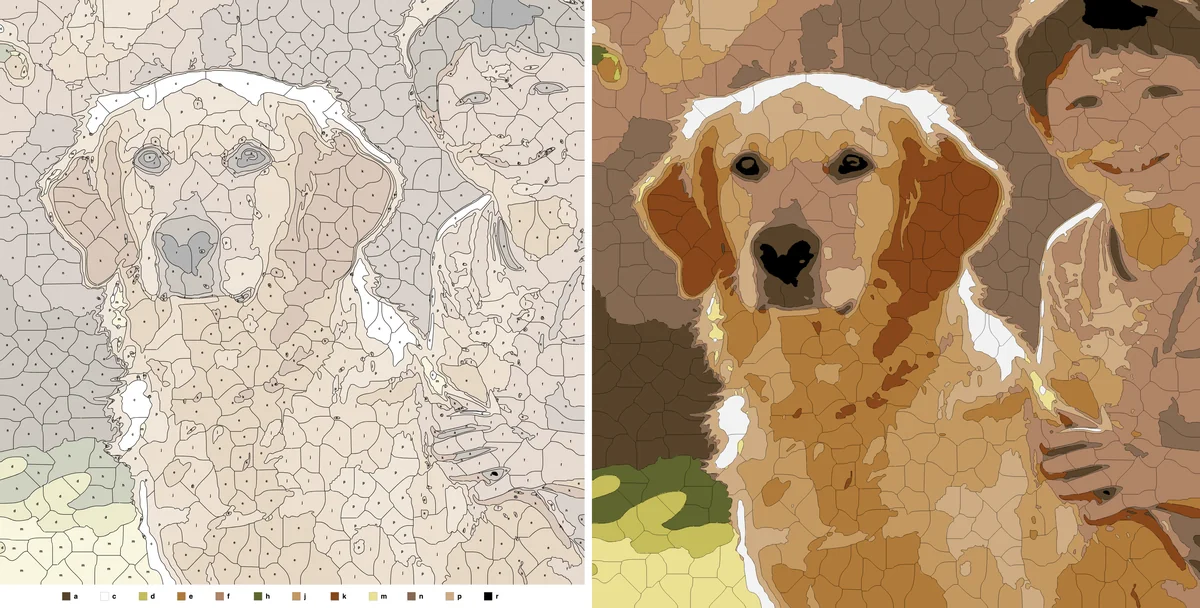 The generator's tinted "Color by Number" guide view beside the fully coloured render of the same dog