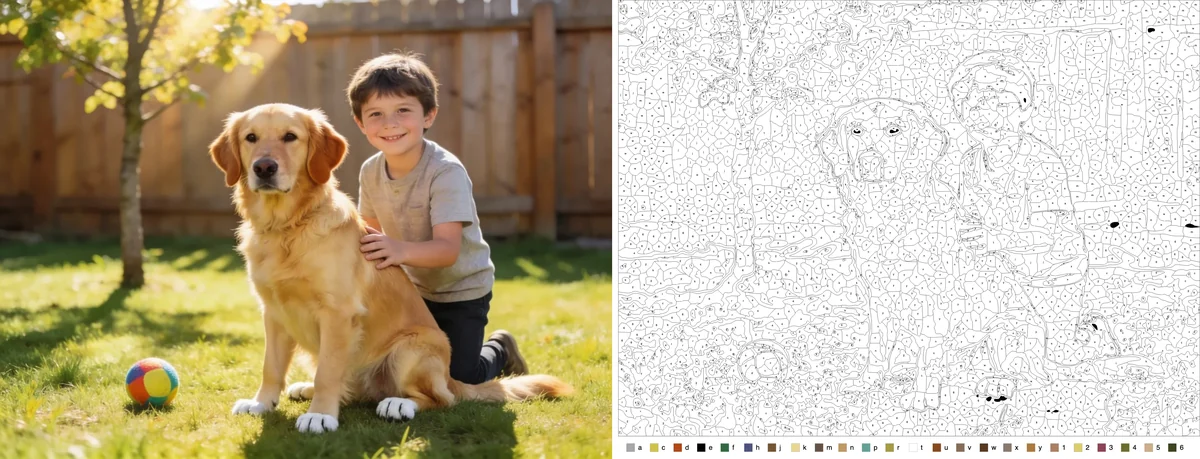The full backyard photo beside its outline, dense with hundreds of small regions from the grass and fence