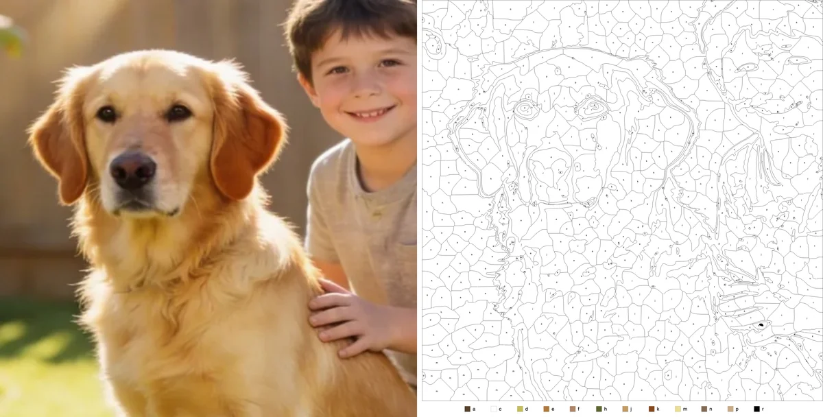 A photo of a golden retriever's face beside the color-by-number outline the generator produced from it