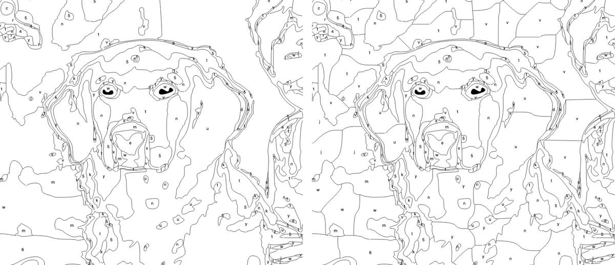 The same area with cell size off (left), where flat areas stay as single large regions, and cell size 40 (right), where they are broken into a mosaic of large cells