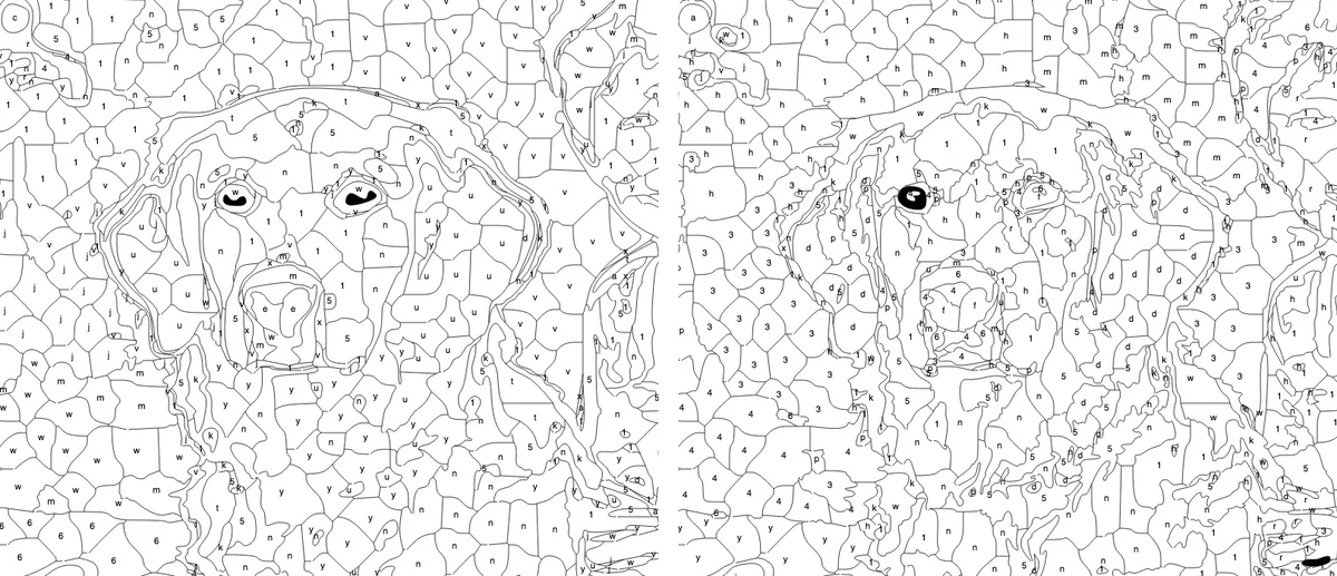 The same area with sharpness off (left) and sharpness 5 (right): the sharpened version has firmer edges around the eyes and muzzle and more small regions