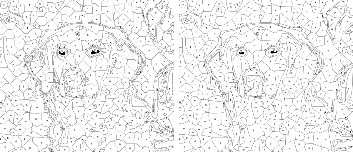 The same area with smoothing 0 (left), where borders follow every pixel step, and smoothing 8 (right), where they are rounded into flowing curves