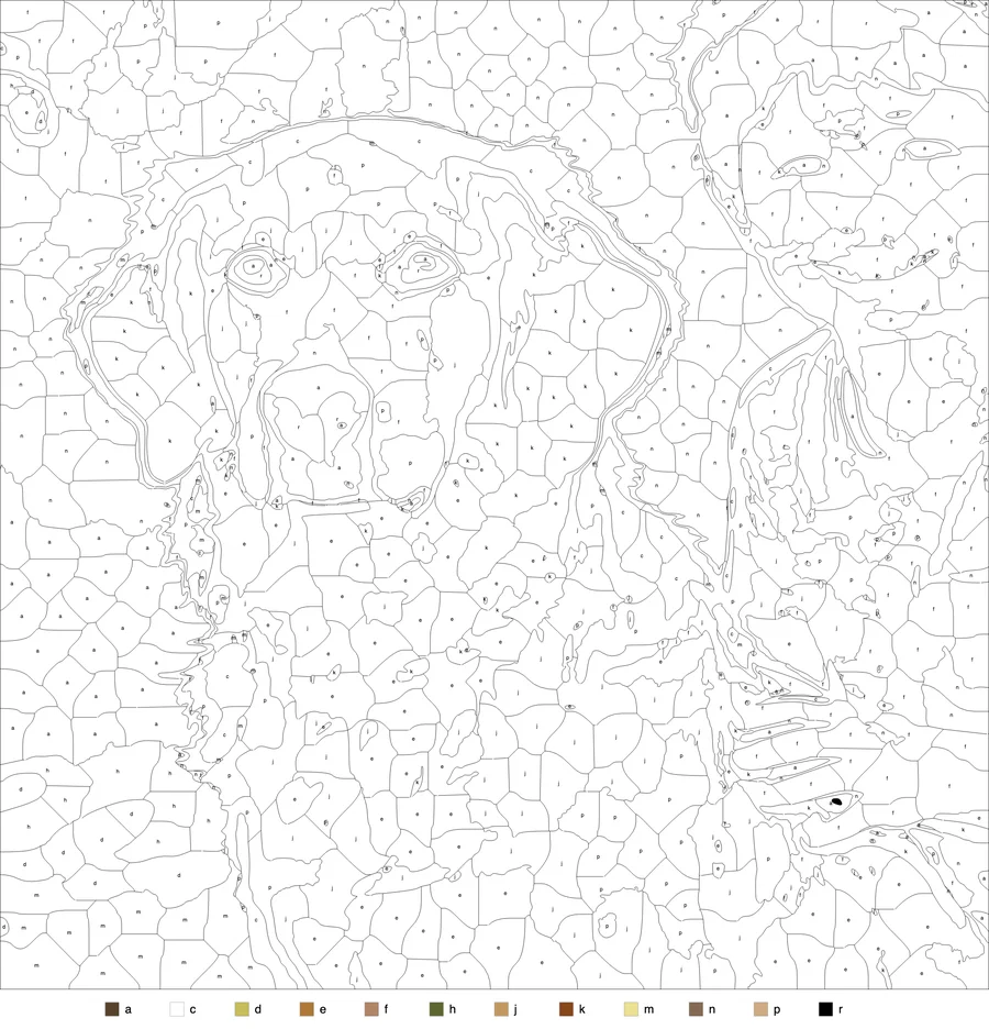 Generated color-by-number outline of the same dog: white sheet, thin black region borders, a letter in each region, colour key strip at the bottom